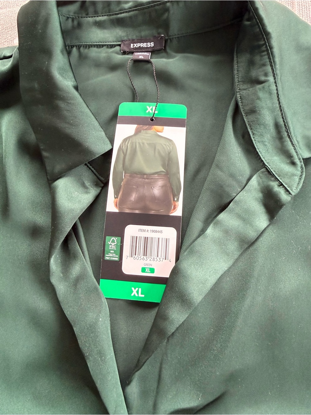 Express Women's Dark Green Satin Button-Up Blouse - Picture 5 of 12